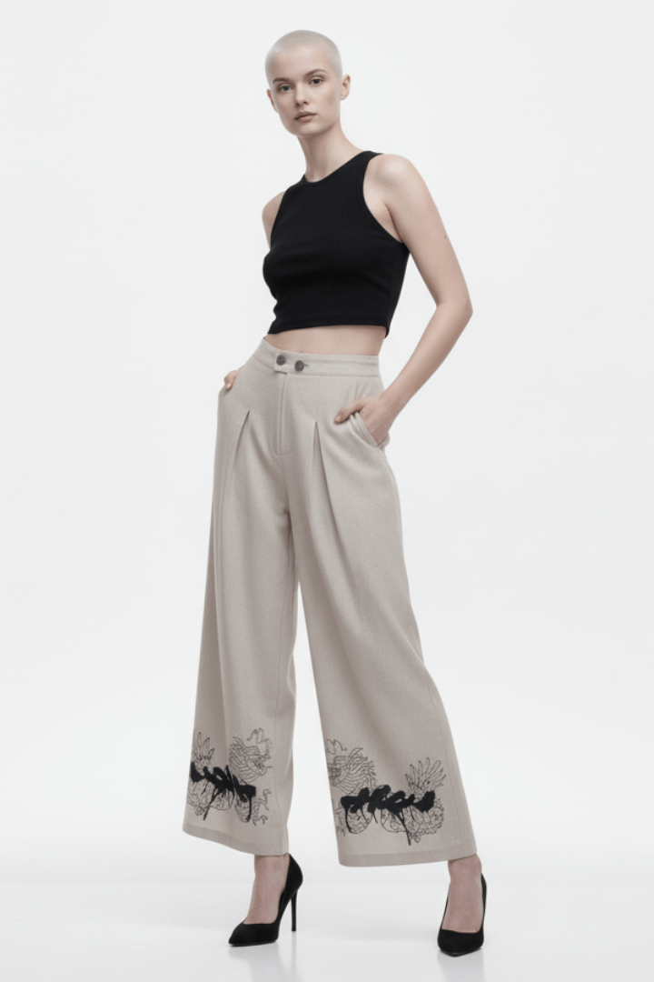 Beige Dragon Linen Wide Pant