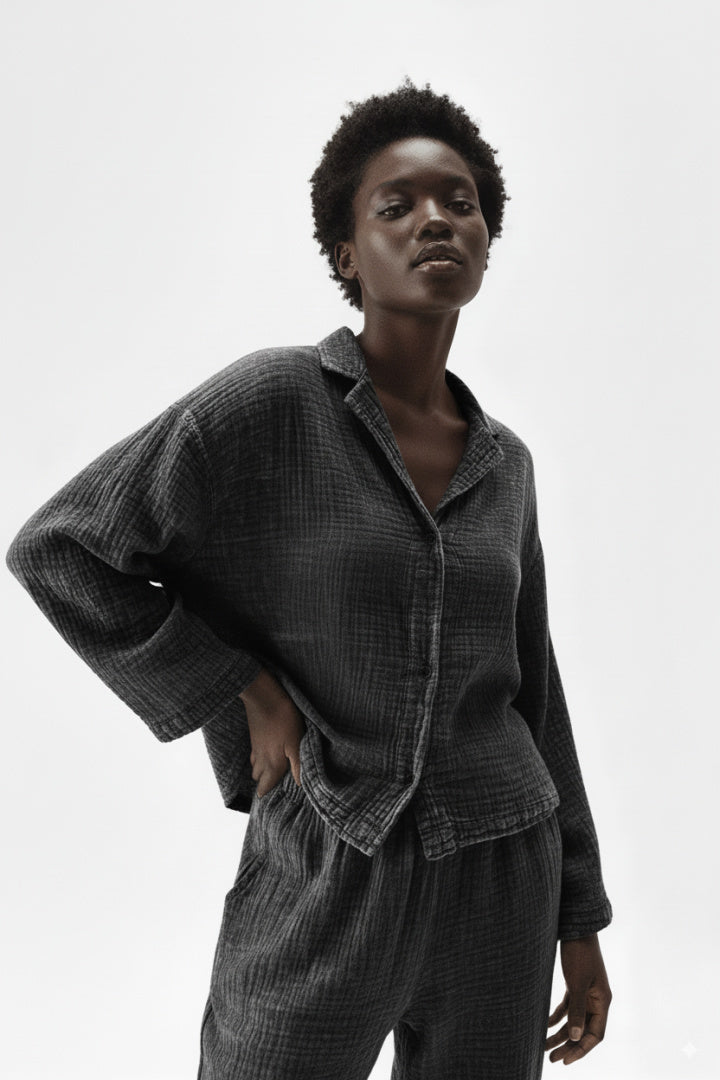 Black Crinkle Shirt Blouse