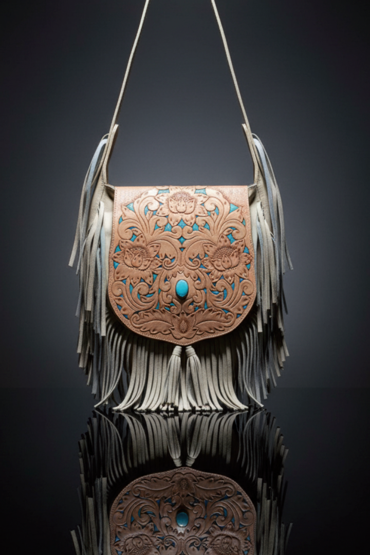 Tan genuine leather shoulder bag with intricate floral embossing and turquoise accents, featuring long leather fringe on the sides and bottom, displayed against a dark background.