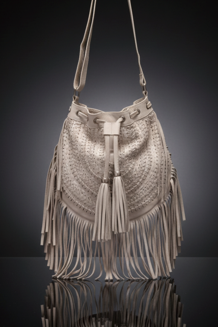 A close-up, studio shot of a rustic beige genuine leather hobo bag. The bag has a full fringe trim, a single shoulder strap, and a braided basketweave pattern on the front. Two decorative tassels hang from the drawstring closure. The bag's reflection is visible on a dark, glossy surface.