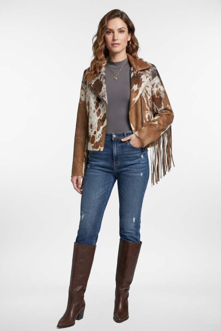 Caramel Cowhide Leather Jacket with Fringe