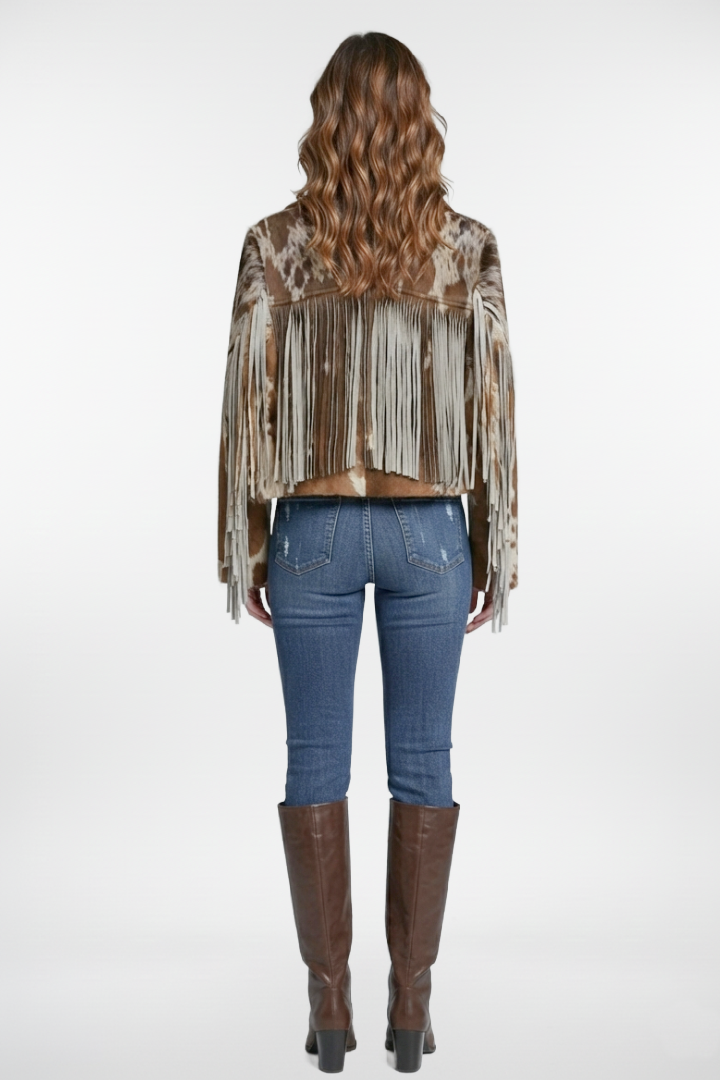 Caramel Cowhide Leather Jacket with Fringe