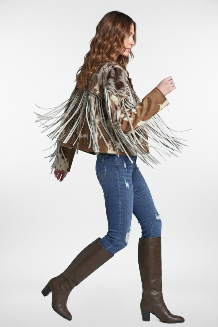 Caramel Cowhide Leather Jacket with Fringe