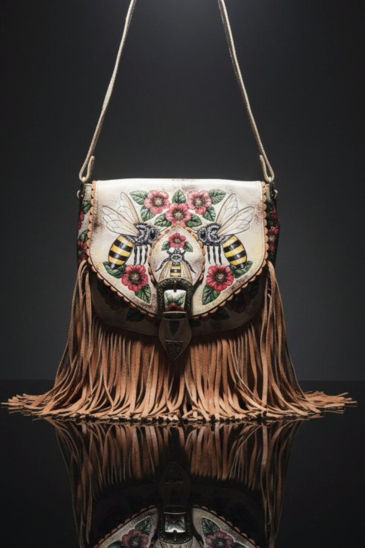 Tan genuine leather fringe shoulder bag with hand-carved bees and floral motifs on the front flap, accented by a vintage-style buckle, shown on a reflective surface.