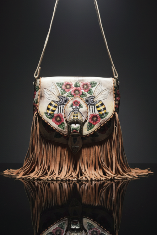 Tan genuine leather fringe shoulder bag with hand-carved bees and floral motifs on the front flap, accented by a vintage-style buckle, shown on a reflective surface.
