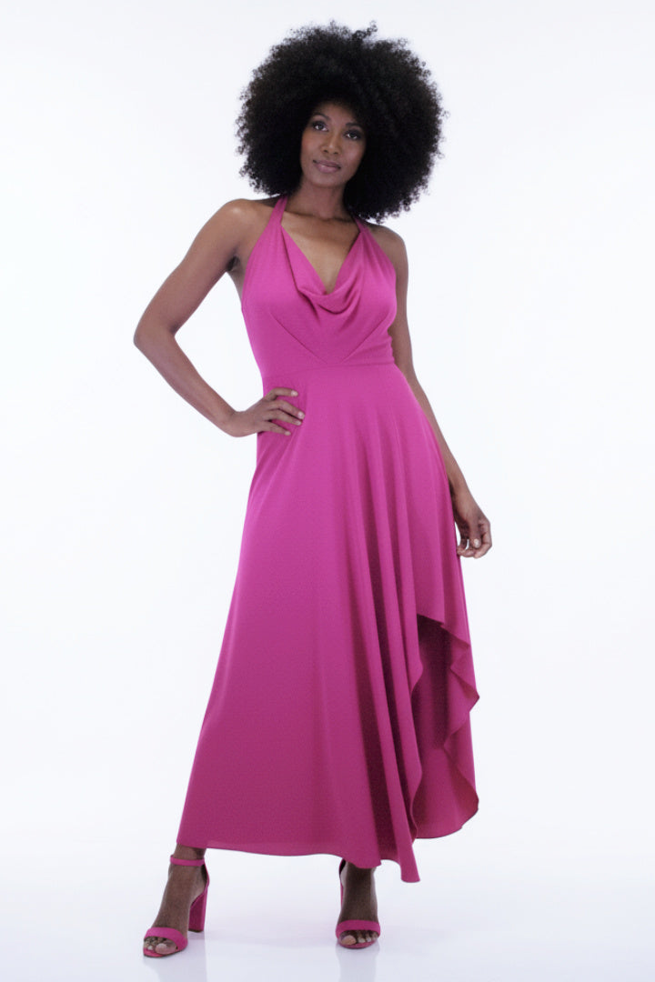 Front view of the Cecilia Halter Maxi Dress in vibrant magenta, featuring a draped cowl neckline, flared hem, and halter tie detail.