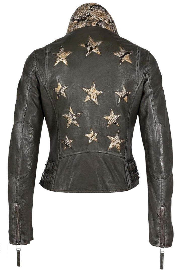 Chaqueta de cuero Christy Star Detail, serpiente color oliva.