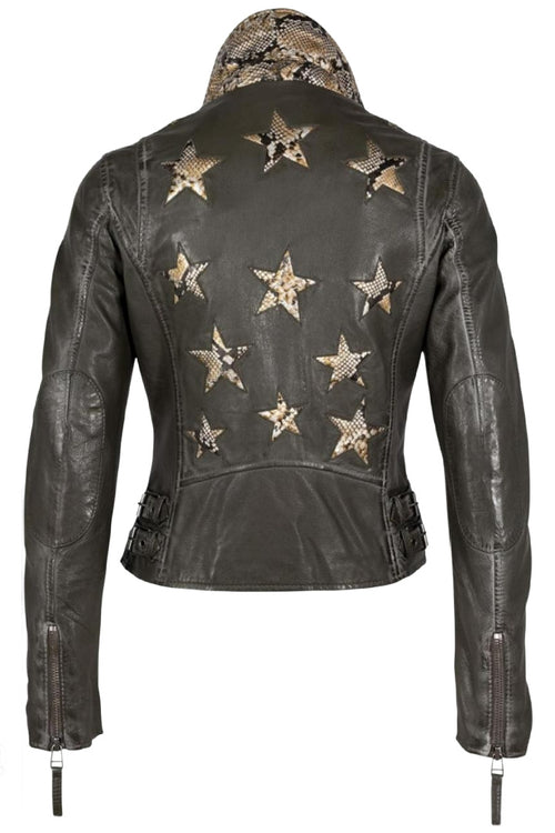Chaqueta de cuero Christy Star Detail, serpiente color oliva.