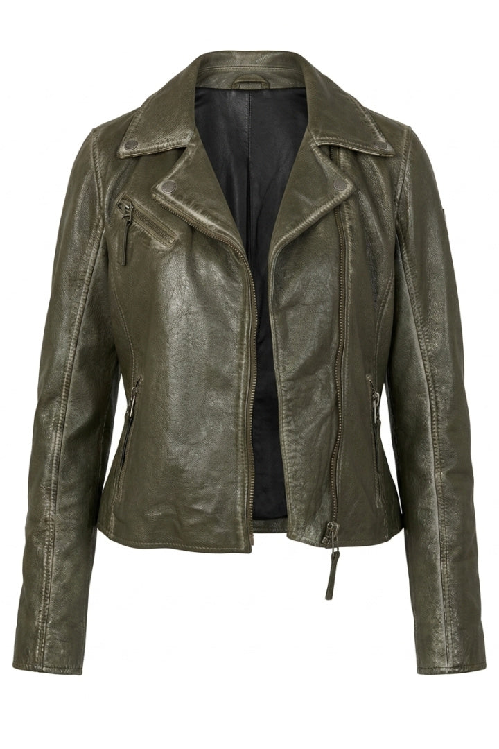 Chaqueta de cuero Christy Star Detail, serpiente color oliva.
