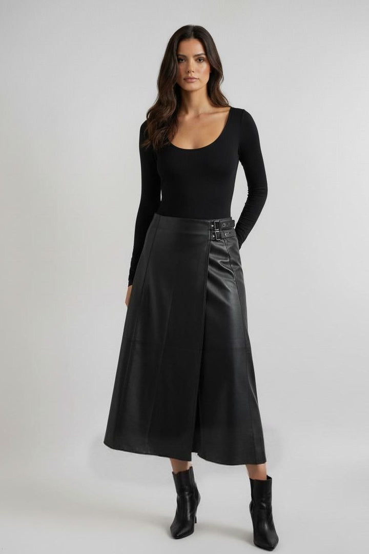 Classic Vegan Leather Wrap Midi Skirt