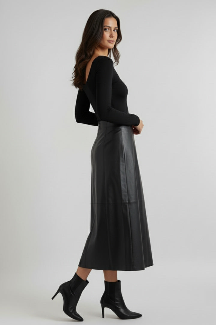 Classic Vegan Leather Wrap Midi Skirt
