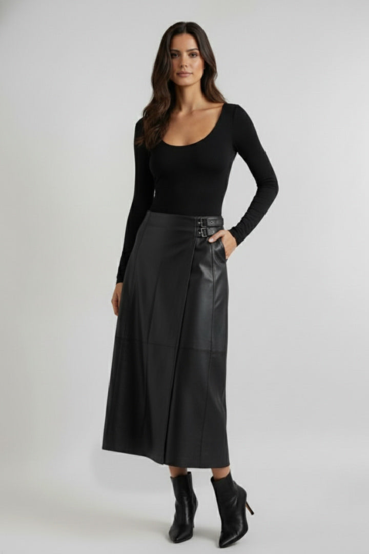 Classic Vegan Leather Wrap Midi Skirt