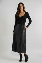 Classic Vegan Leather Wrap Midi Skirt