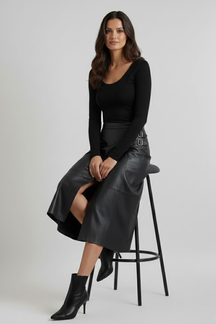 Classic Vegan Leather Wrap Midi Skirt