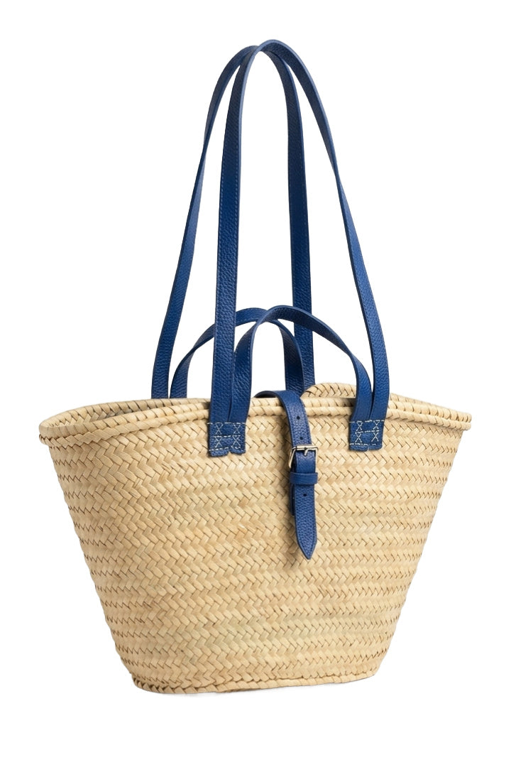 Bolso de mano de paja trenzada costera con correas de cuero azul
