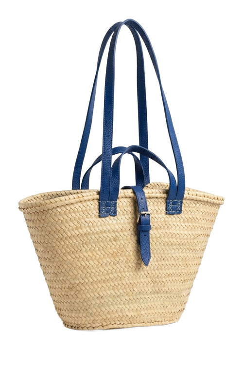 Bolso de mano de paja trenzada costera con correas de cuero azul