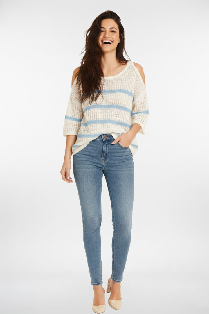 Cotton Stripe Cold-Shoulder Knit