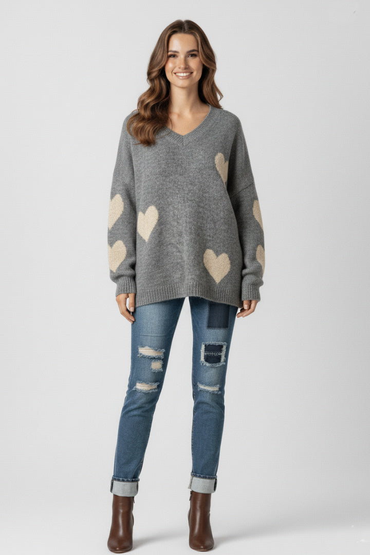 Cozy Heart-Detail V-Neck Sweater