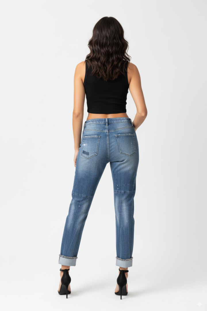 Back full-body shot of a female model wearing distressed patchwork paint-splatter boyfriend jeans with a black ribbed sleeveless crop top and black high-heeled sandals, standing against a white background.