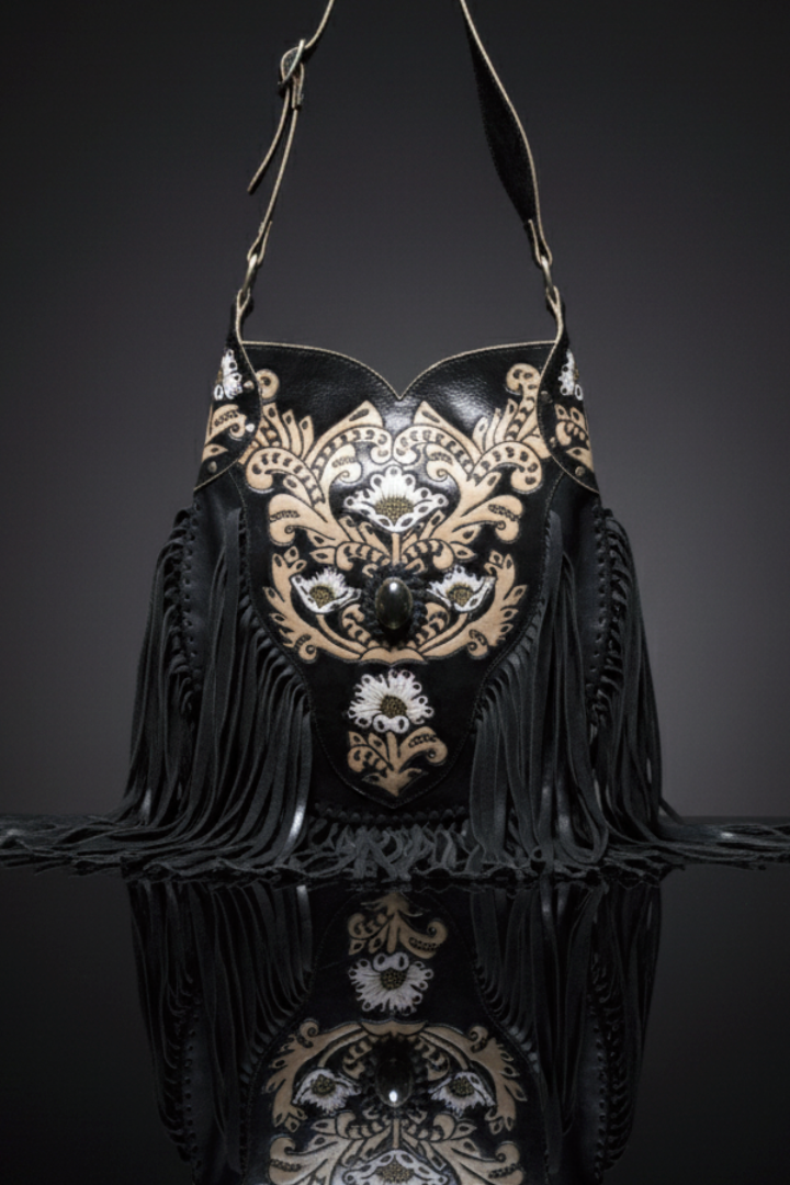 A black genuine leather hobo bag with a prominent fringe trim on both sides. The front features an elaborate hand-tooled floral pattern in a light cream or white color, with a dark, polished stone or concho in the center. The bag has a single black leather shoulder strap and is displayed against a dark, reflective background.