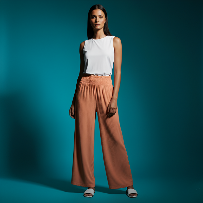 Smocked Wide Leg Linen Pants