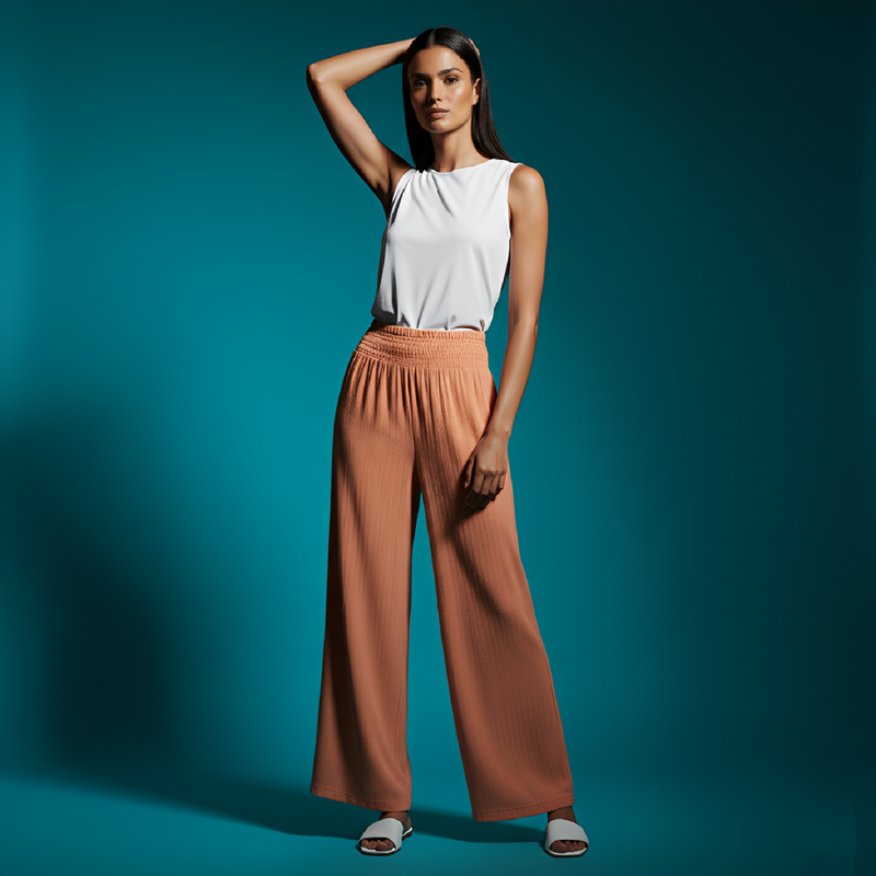 Smocked Wide Leg Linen Pants