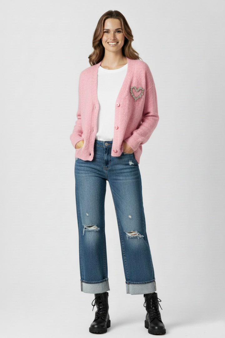 Fluffy Jewel Heart Cardigan