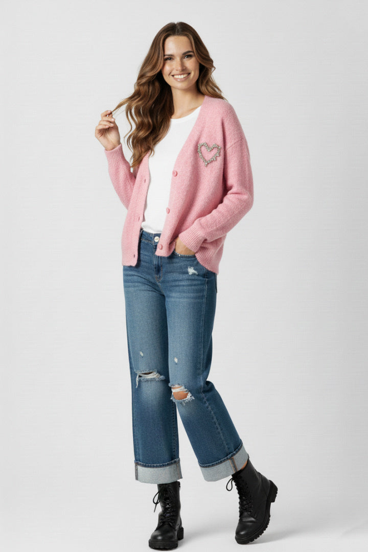 Fluffy Jewel Heart Cardigan