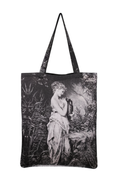 Front view of the Greek Tragedy Tote, featuring a black-and-white sublimated print of a classical female figure in a lush, natural setting.