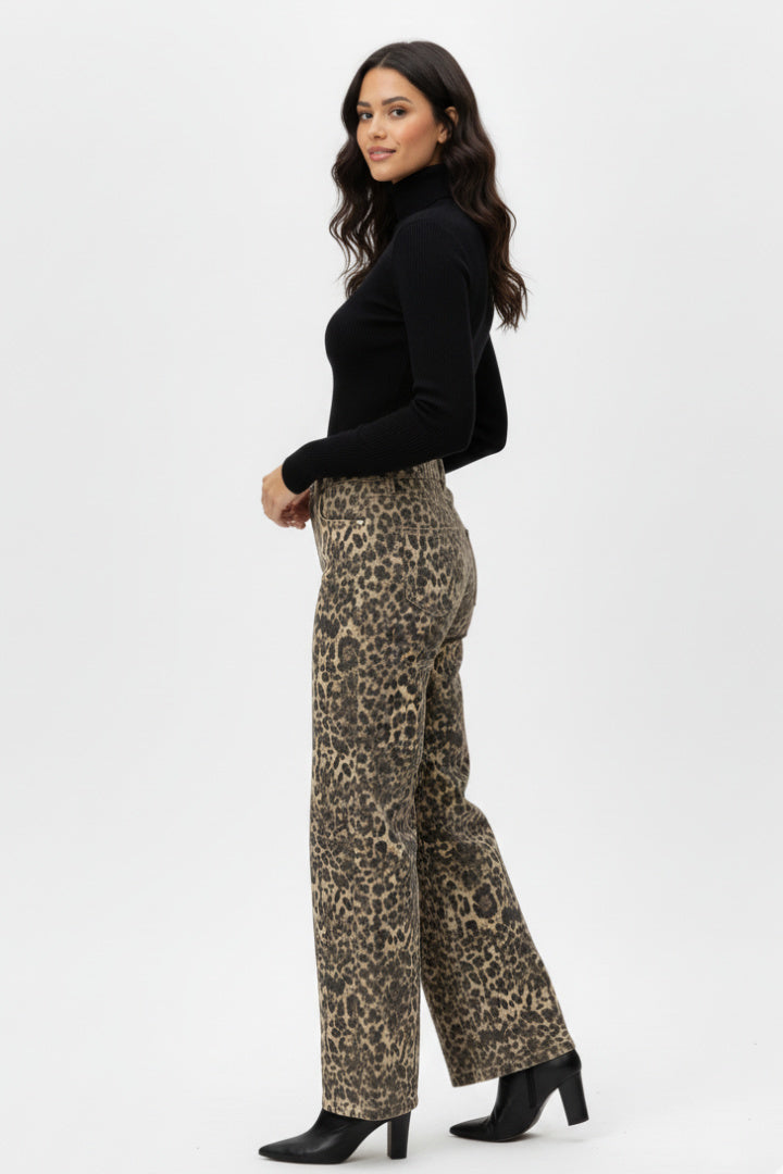 Jean taille haute à jambes larges imprimé léopard