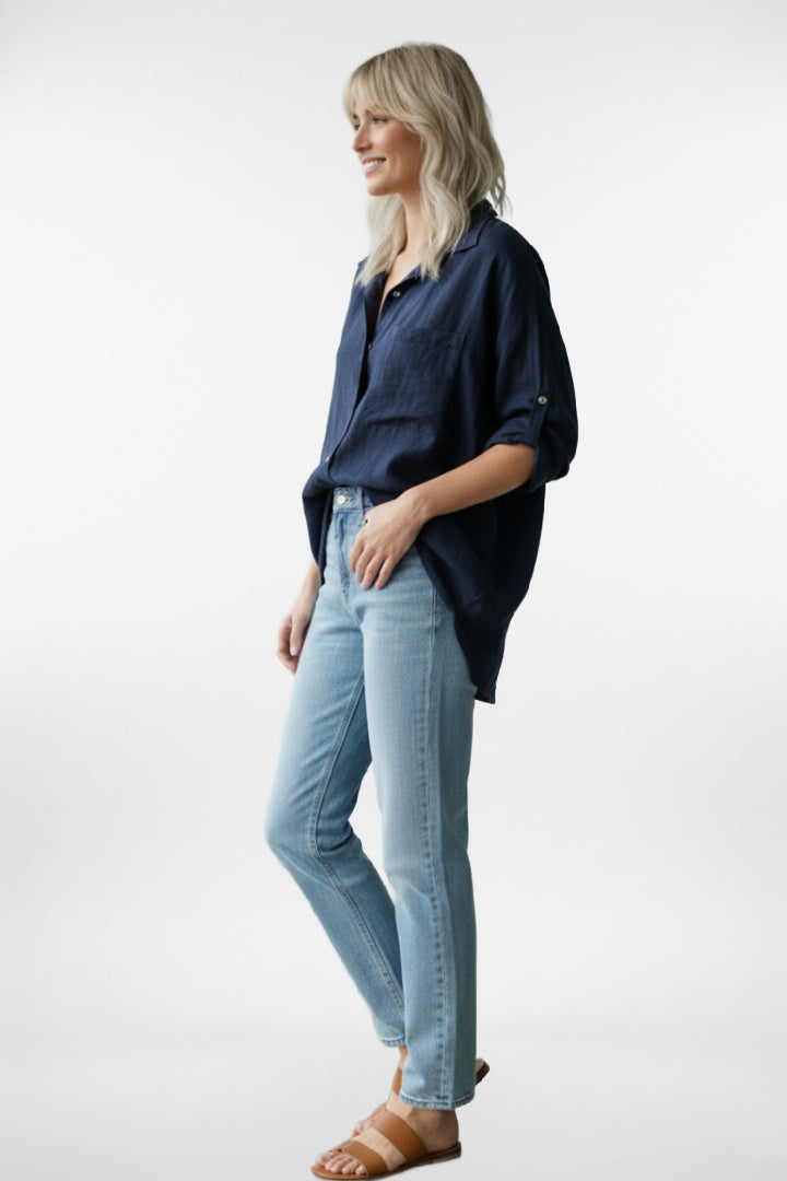 Linen Button Down 3/4 Sleeve Shirt