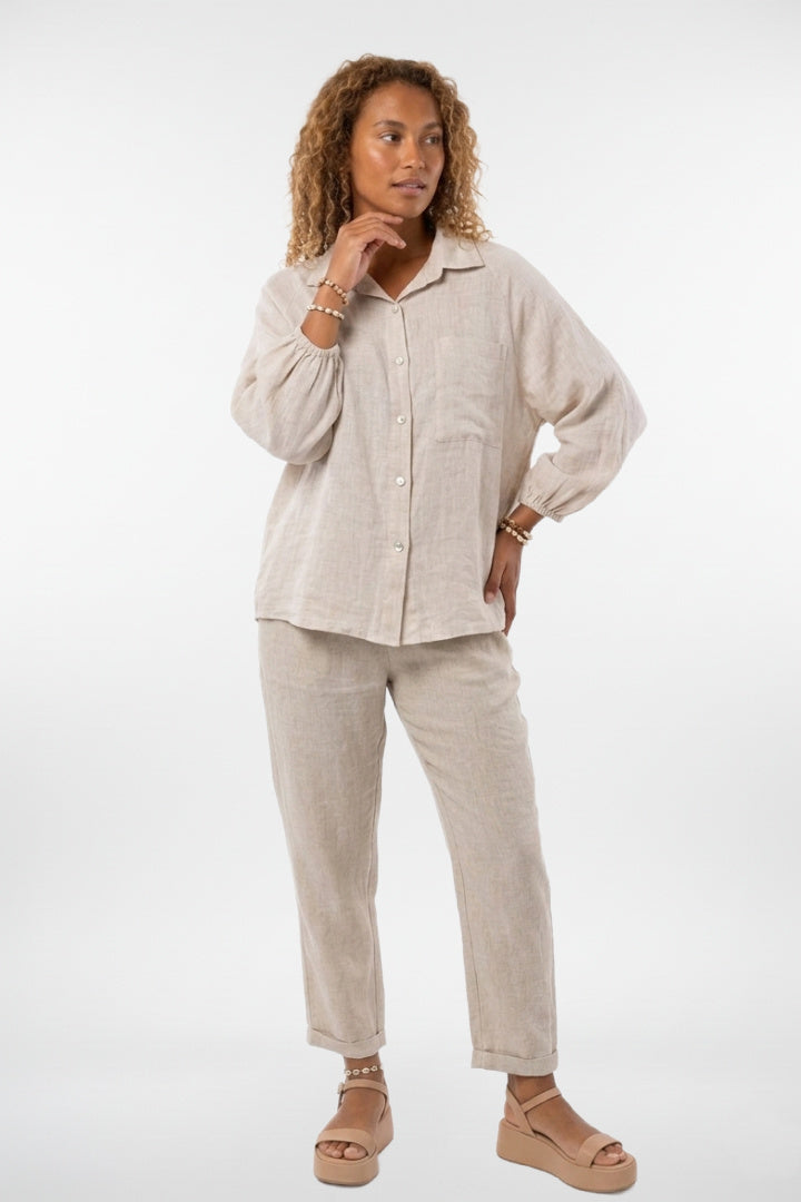 Chemise en lin à manches 3/4 boutonnée
