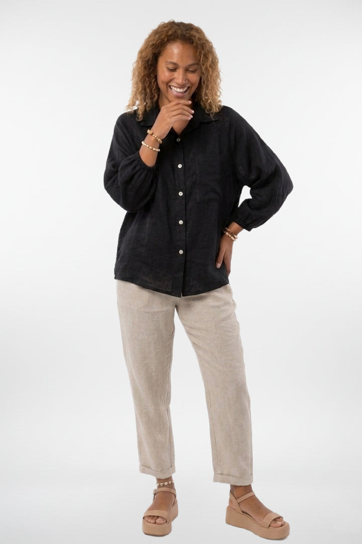 Chemise en lin à manches 3/4 boutonnée
