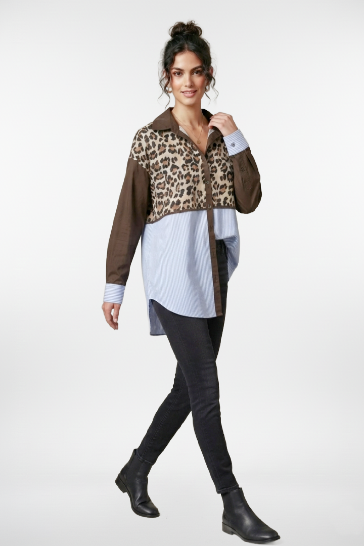 Long Sleeve Color Block Mix Shirt