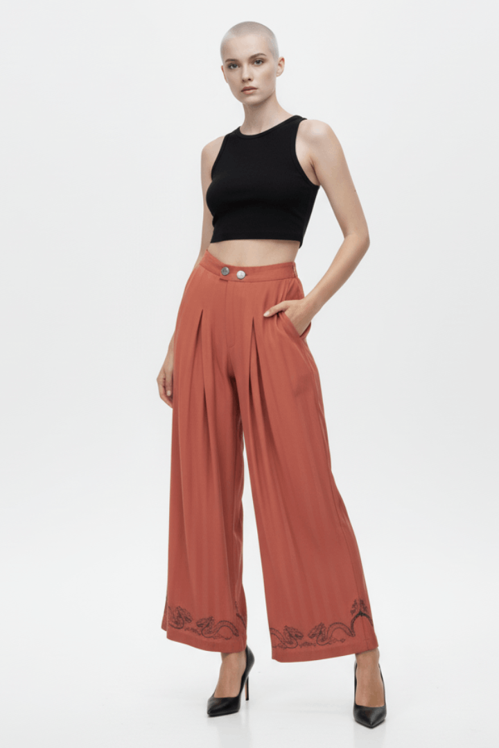 Orange Stripe Dragon Linen Wide Pant