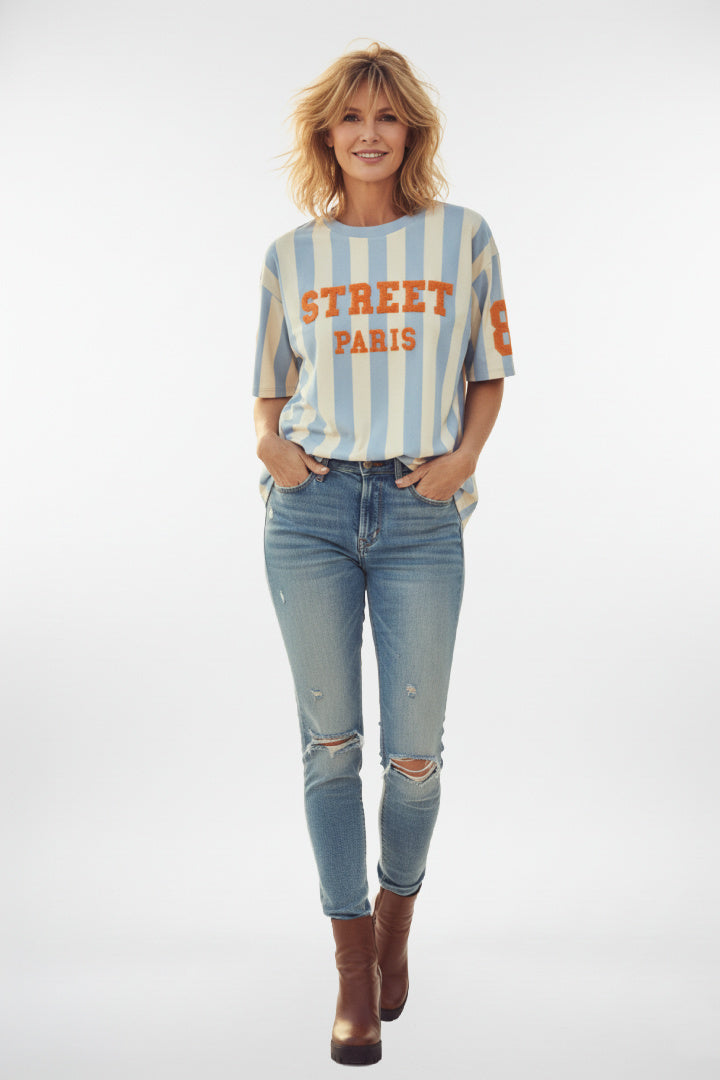Camiseta relaja a rayas gráficas de París
