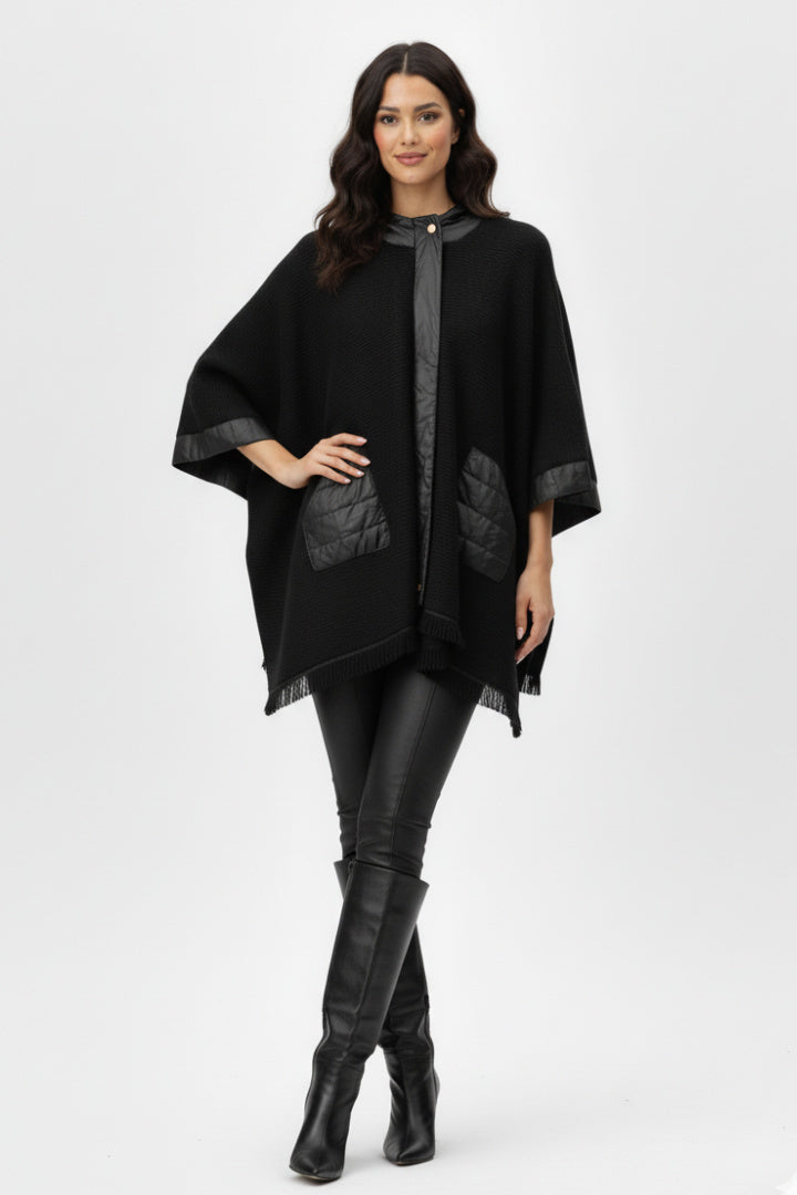 Quilted Trim Knit Poncho
