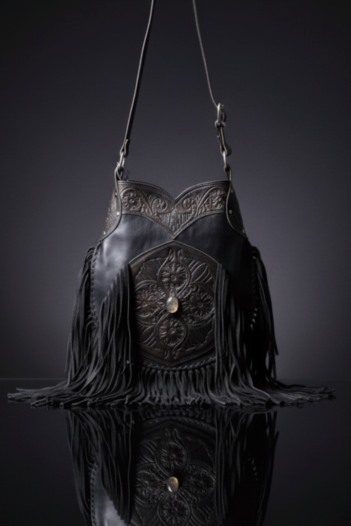 A striking black genuine leather hobo bag with a prominent fringe trim. The front features a central circular embossed design resembling a floral concho, with an iridescent button detail in the center. The top edge of the bag also has an intricate embossed or tooled pattern. Long, thick black fringe hangs down both sides. The bag has a single brown leather shoulder strap and is displayed against a dark, reflective background.