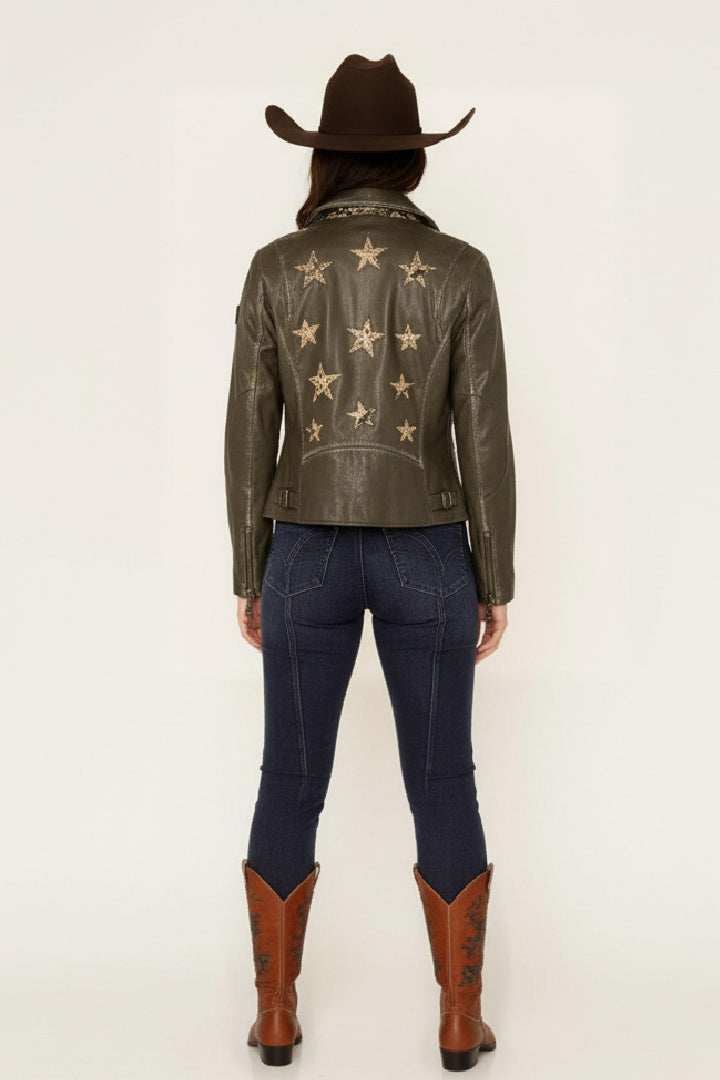 Chaqueta de cuero Christy Star Detail, serpiente color oliva.