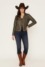 Christy Star Detail Leather Jacket, Olive Snake