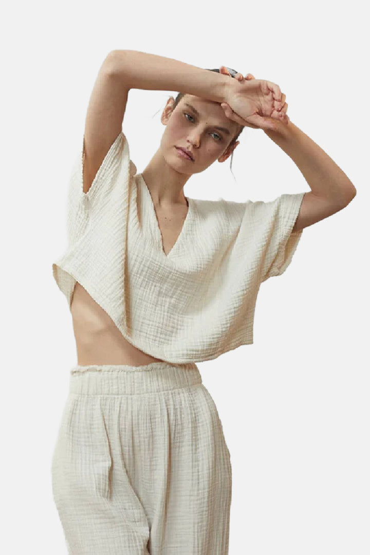 Cream Crinkle Crop Top